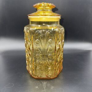 L E Smith Amber Atterbury Scroll Glass Canister Cookie Apothecary Jar 9" 1970s